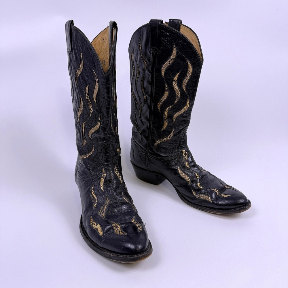 Vintage Remington El Paso Cowboy Boots Men's Size 10.5 D Snakeskin Flame Inlays